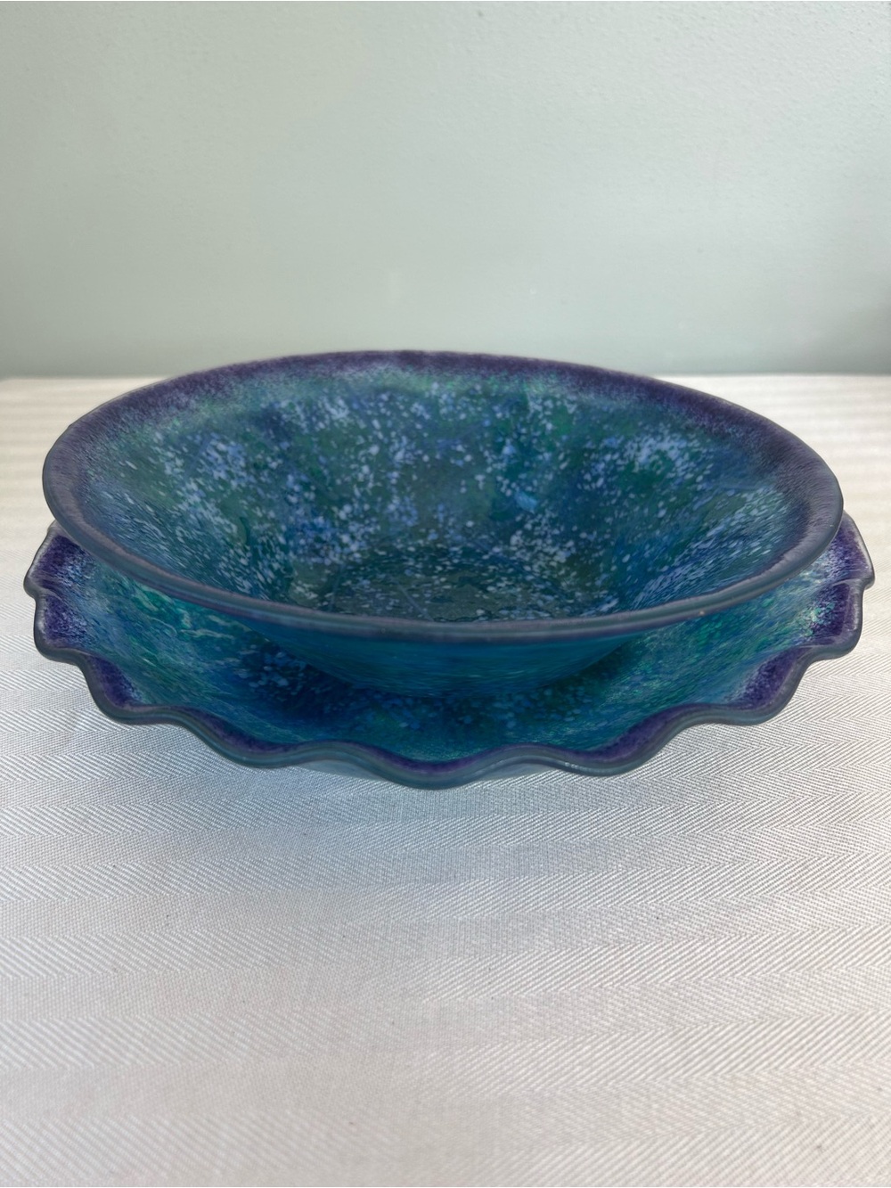 Blue-Green Art Glass Decorative Bowl and plate (2pcs) - Unbranded